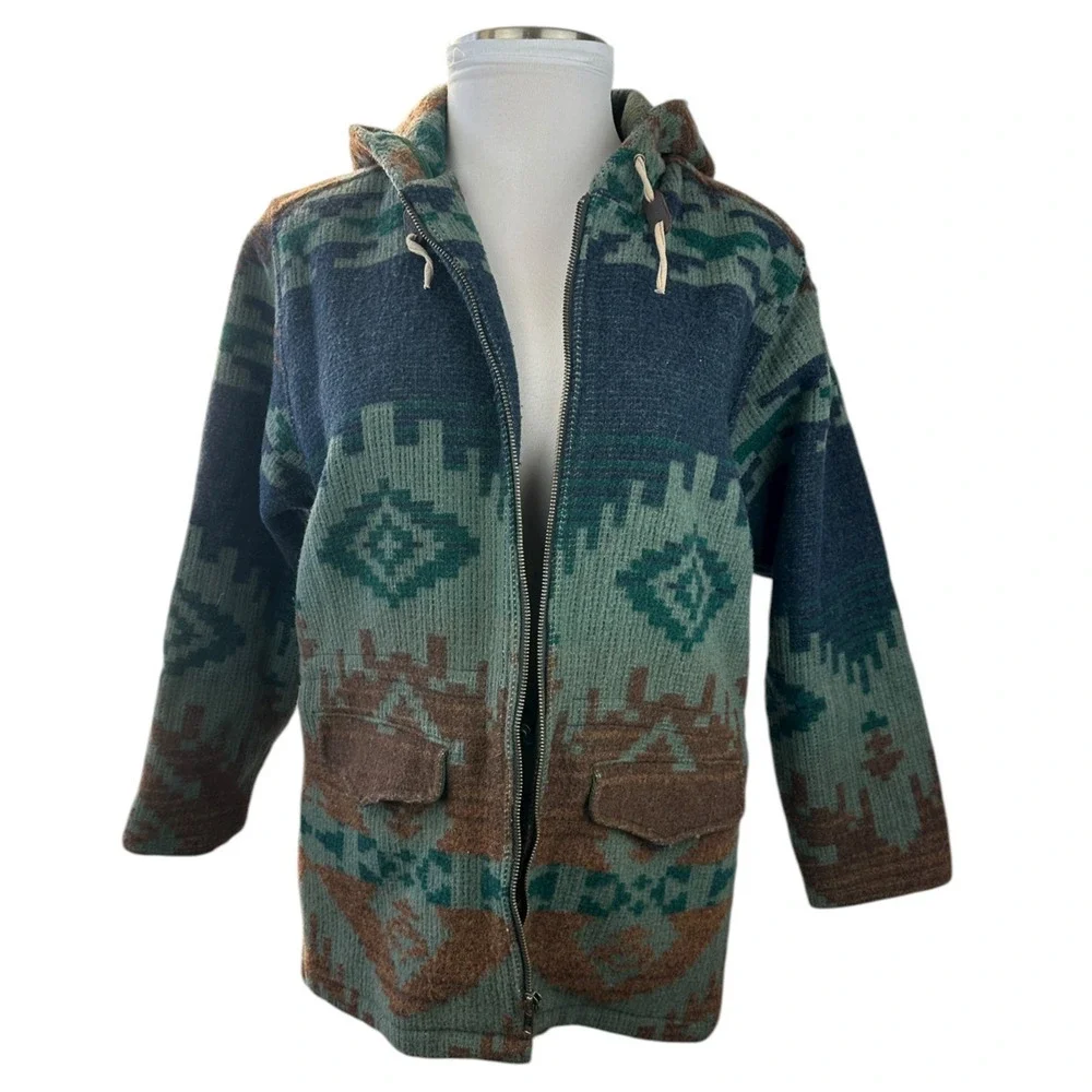Vintage Woolrich Woman Southwestern Aztec Blanket Style Jacket Zip Hooded Medium - Picture 2 of 16